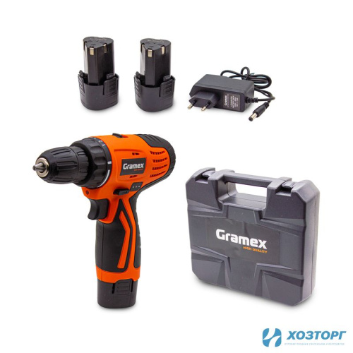  Дрель аккумуляторная Gramex HCD-12-2 (12В, пат-10мм, 2 скорости, аккум Li-Ion 2,0 А/ч) кейс, 2 акк (1/10)
